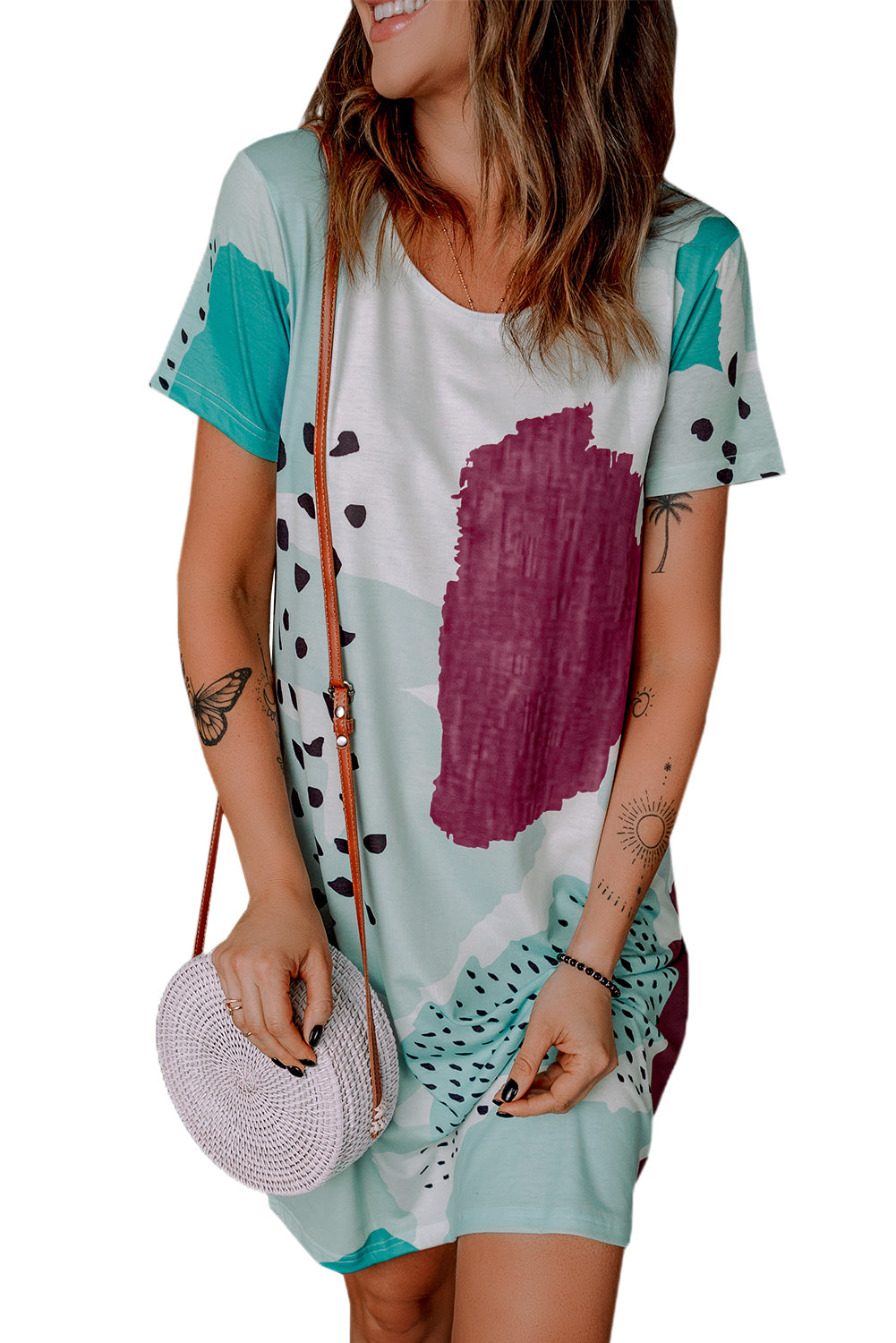 Tie Dye and Spotted Print Color Block Casual T Shirt Summer Dress