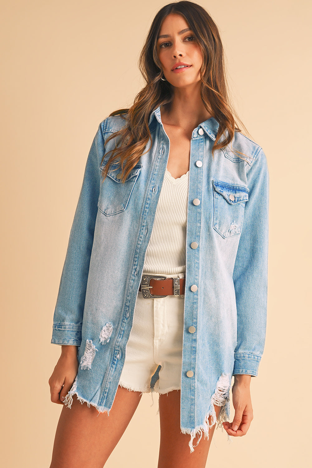 Beau Blue Light Wash Distressed Frayed Long Denim Shacket - Kustom Kreations Goods