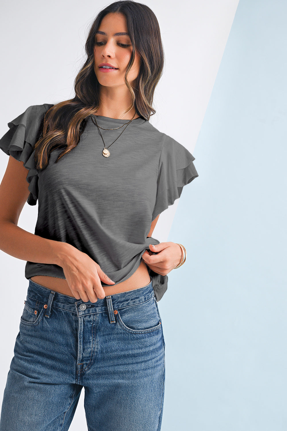 Dark Grey Ruffle Sleeve Plain Blouse - Kustom Kreations Goods