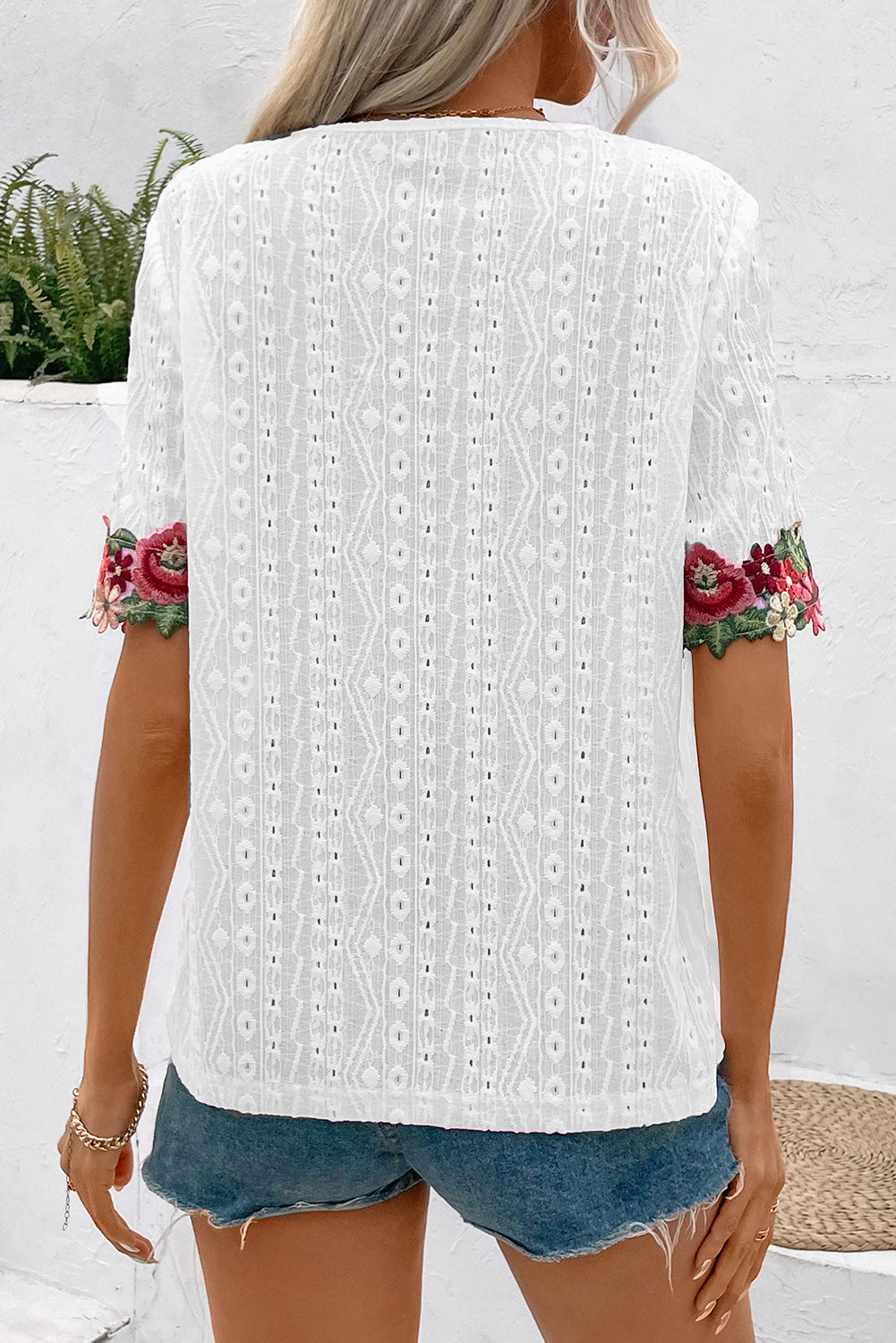 White V-Neck Floral Embroidered Trim Eyelet Blouse