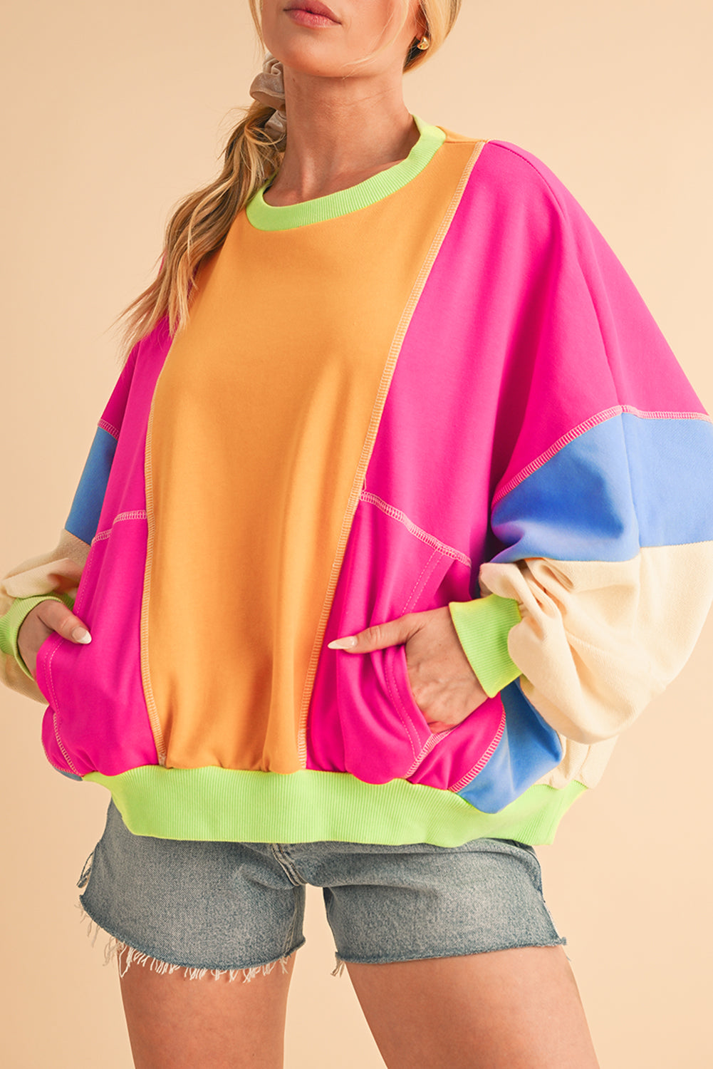 Orchid Petal Colorblock Patchwork Drop Shoulder Top - Kustom Kreations Goods