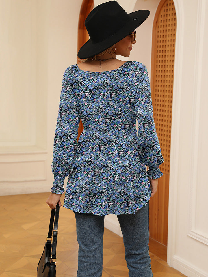 Printed V-Neck Lantern Sleeve Blouse