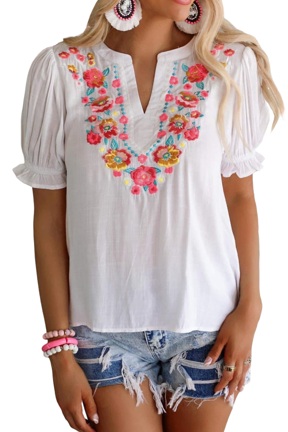 Black Floral Embroidered Boho Ruffle Puff Sleeve Blouse
