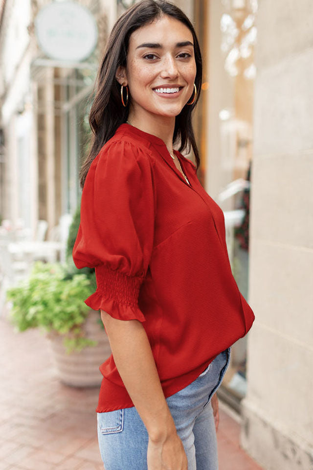 Apricot Solid Puffed Sleeve Shirred V Neck Blouse