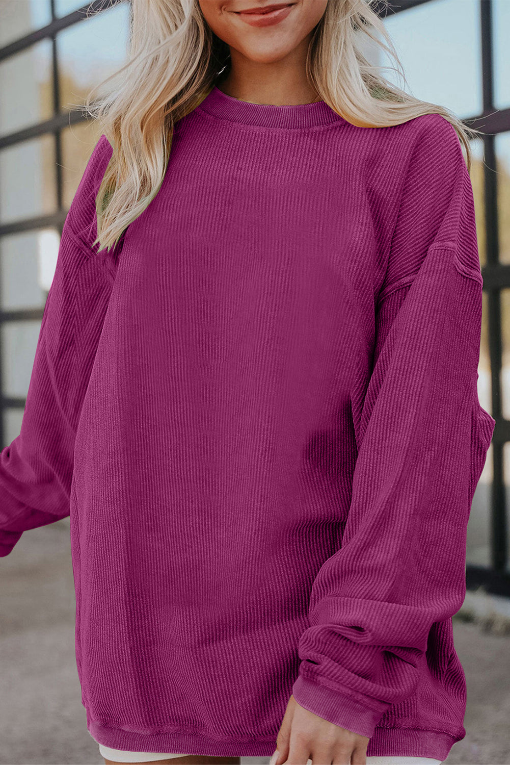 Orange Plain Drop Sleeve Rib-Knit Oversized Sweatshirt