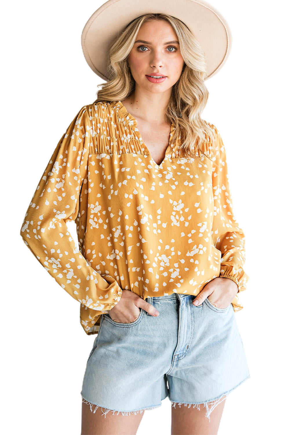 Yellow Frill Split V Neck Boho Crinkled Blouse