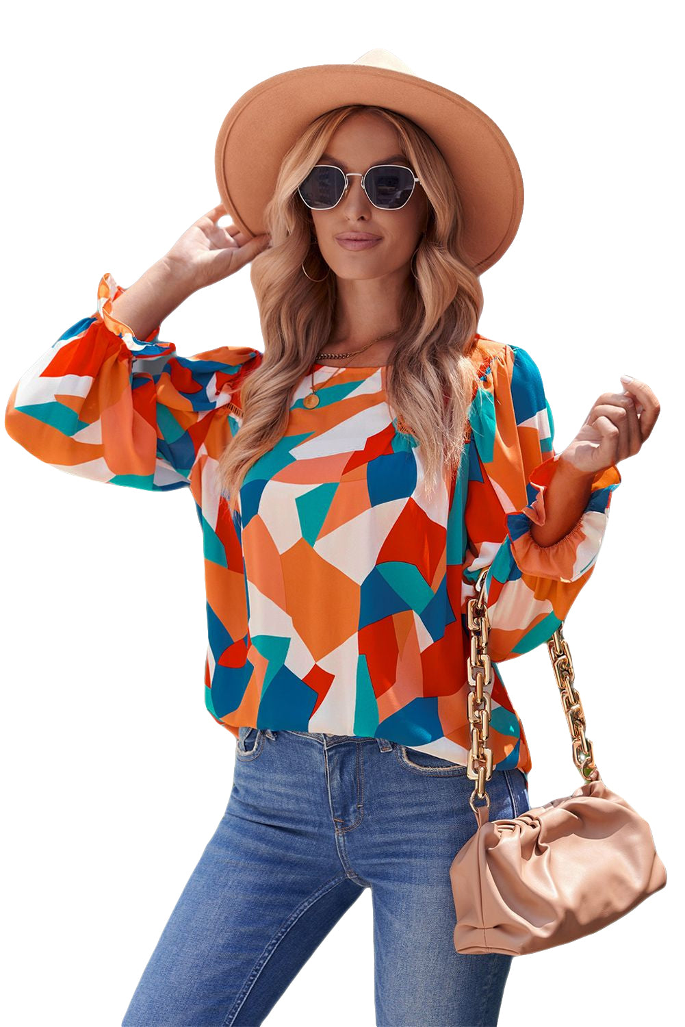 Multicolor Colorblock Casual Ruffle Puff Sleeve Blouse