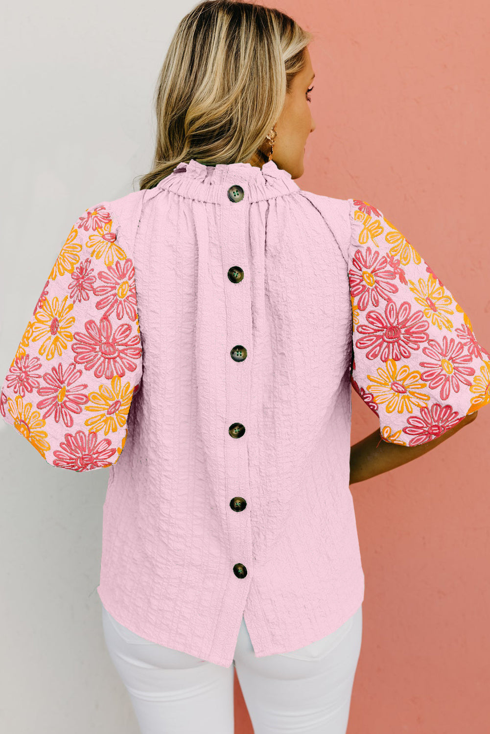 Pink Floral Print Puff Sleeve Button Back Frill Neck Blouse