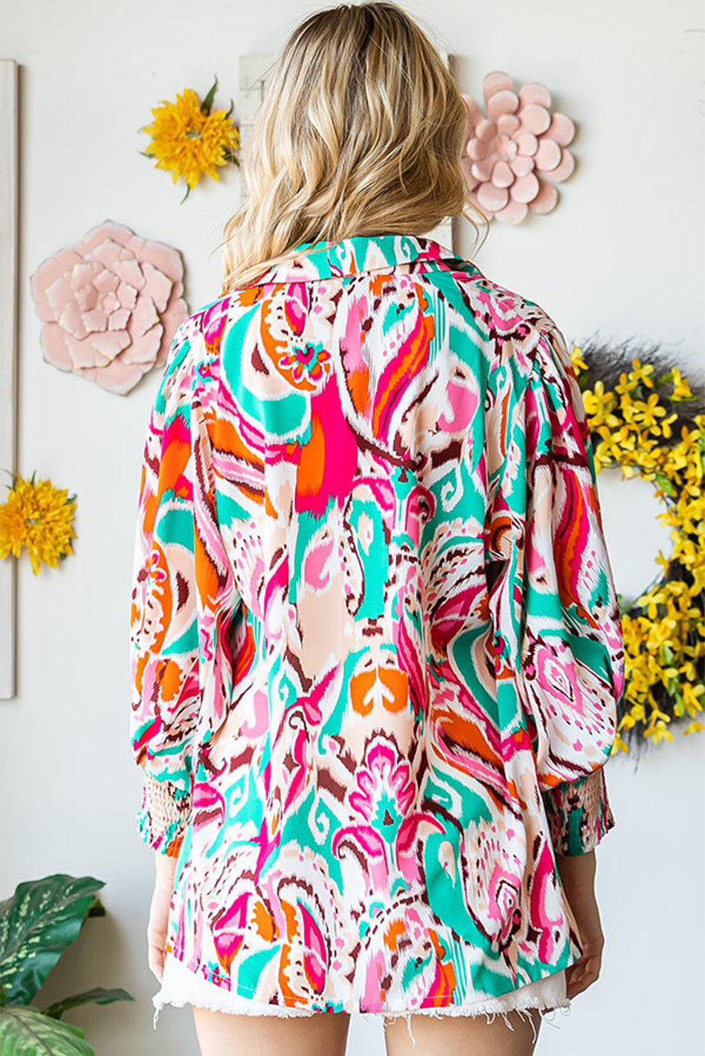 Red Paisley Print Lantern Sleeve Shirred Cuffs Blouse