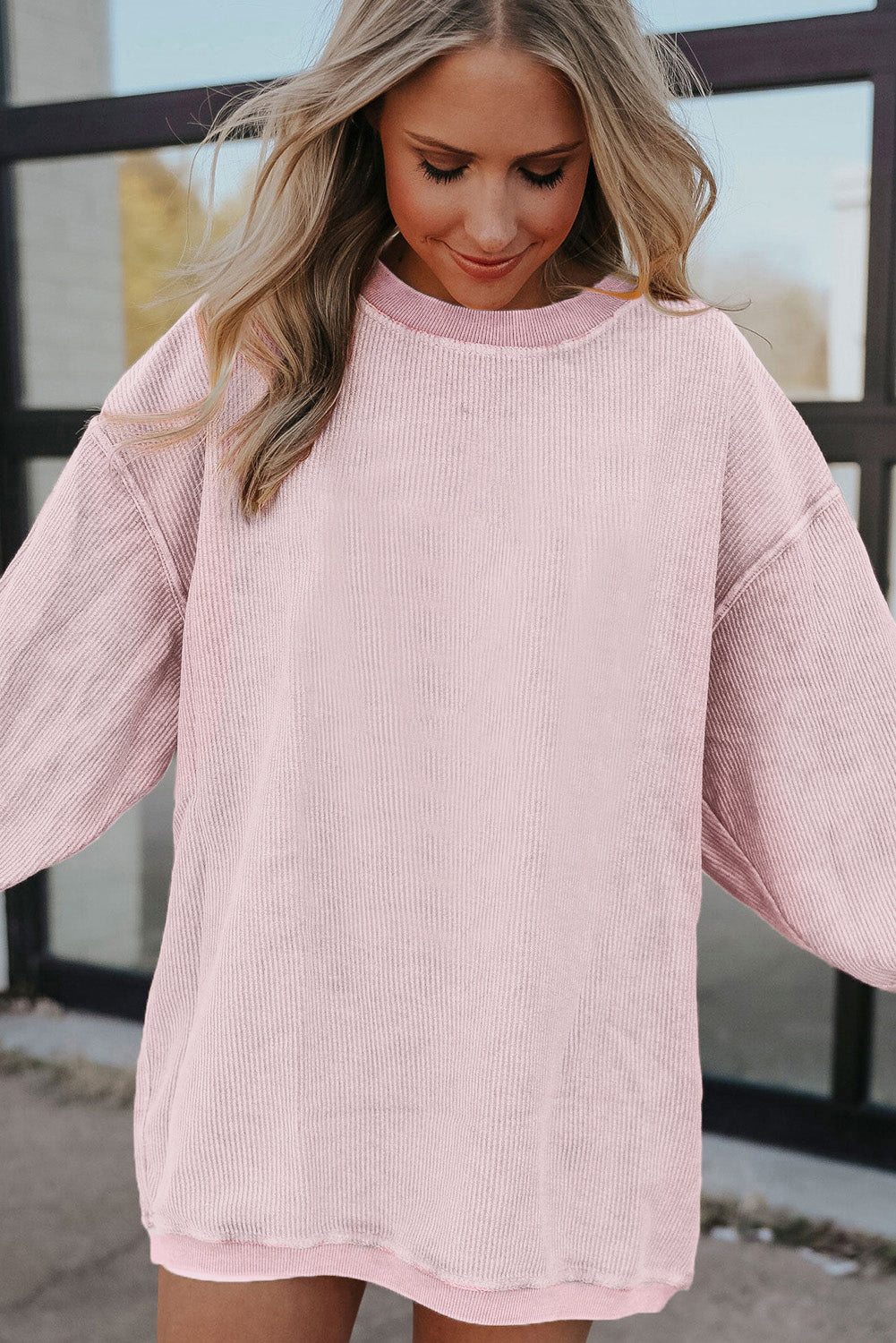 Red Plain Drop Sleeve Rib Knit Oversized Sweatshirt