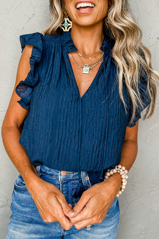 Navy Blue V Neck Flutter Sleeve Textured Blouse