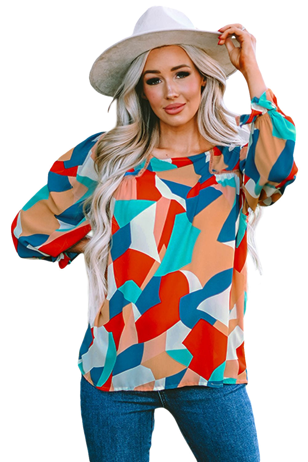 Multicolor Colorblock Casual Ruffle Puff Sleeve Blouse