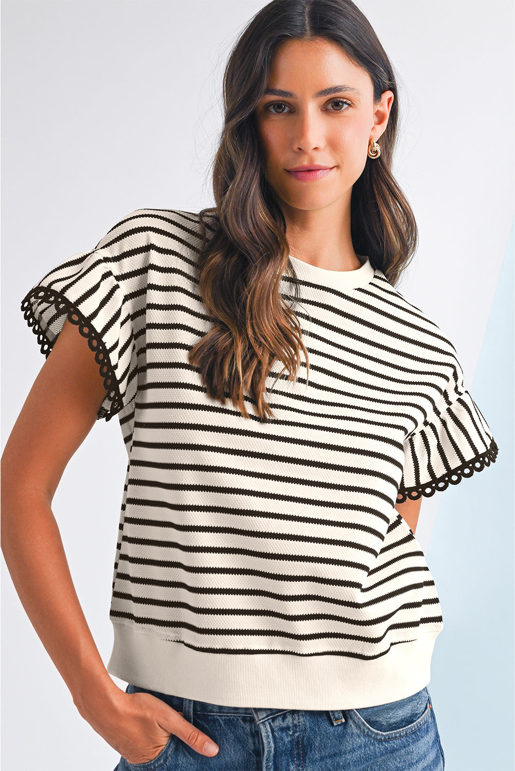Black Stripe Scallop Lace Trim Ruffle Sleeves Crewneck Top - Kustom Kreations Goods