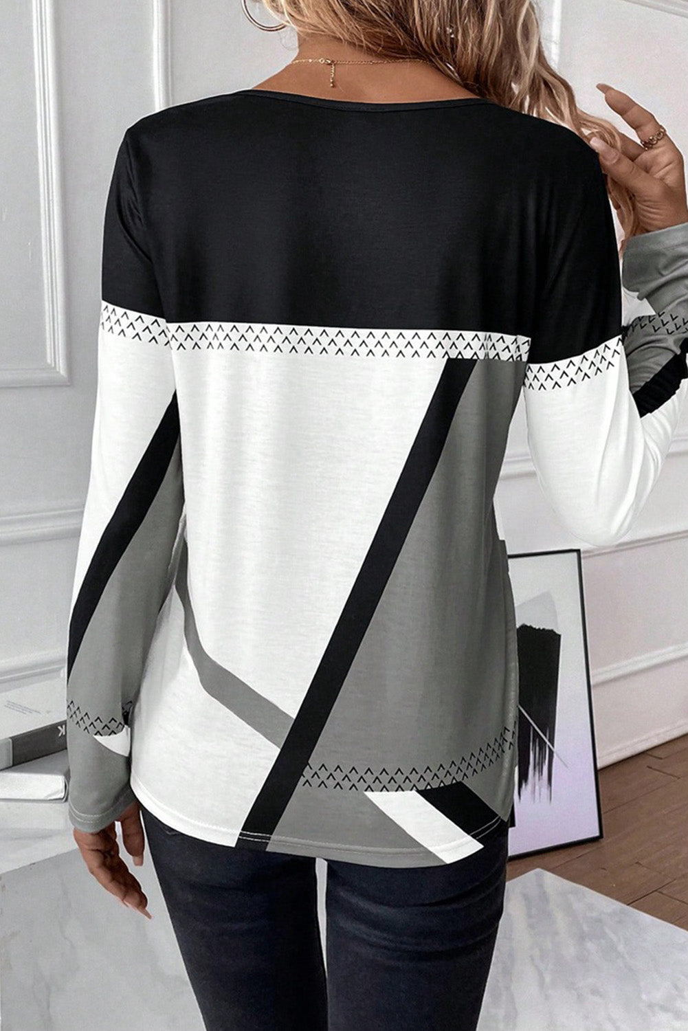 Medium Grey Geometric Print Color Block Crew Neck Top