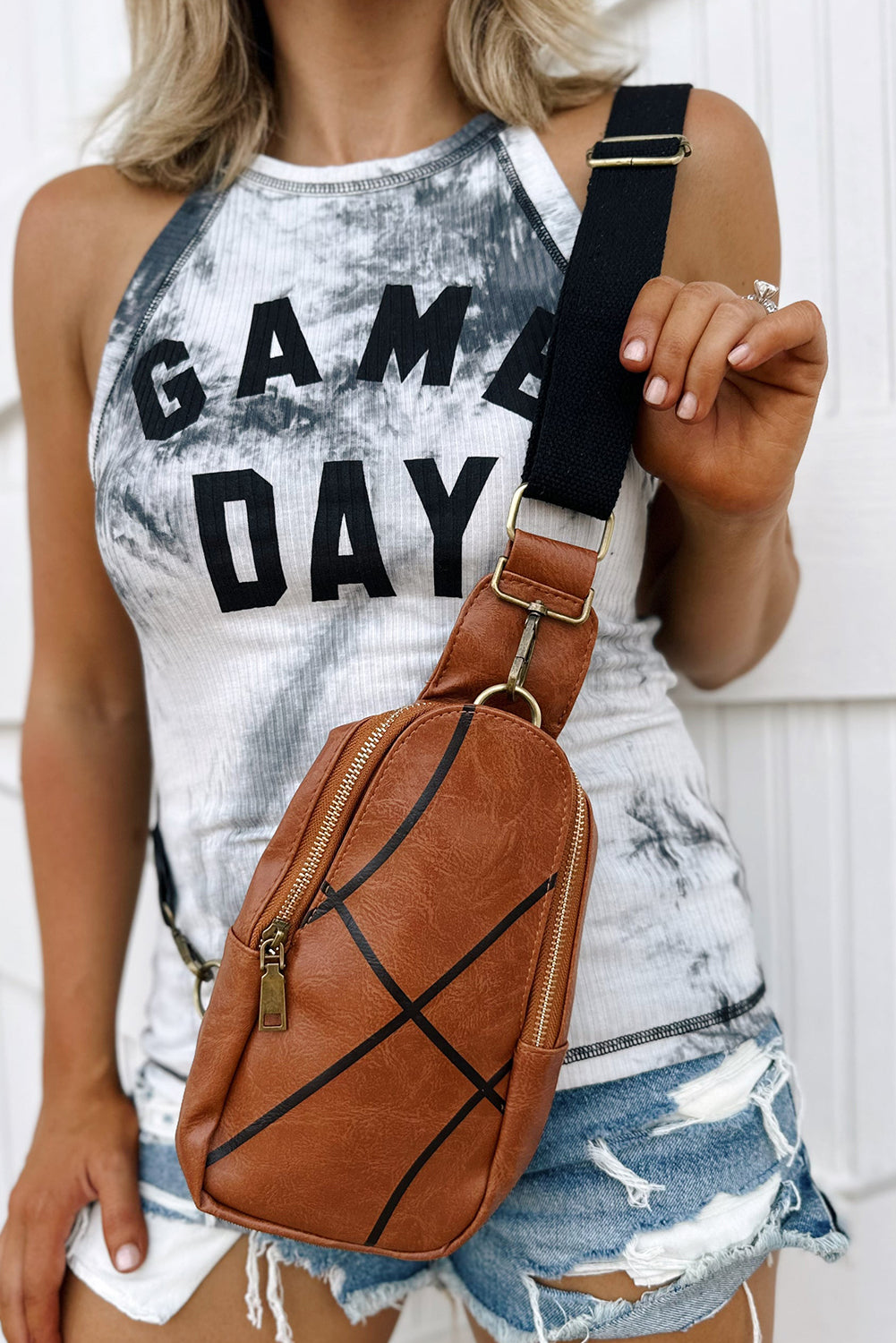 Black Football Pattern PU Leather Zipped Crossbody Bag