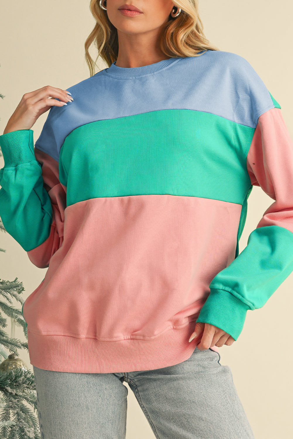 Sky Blue Colorblock Drop Shoulder Sweatshirt