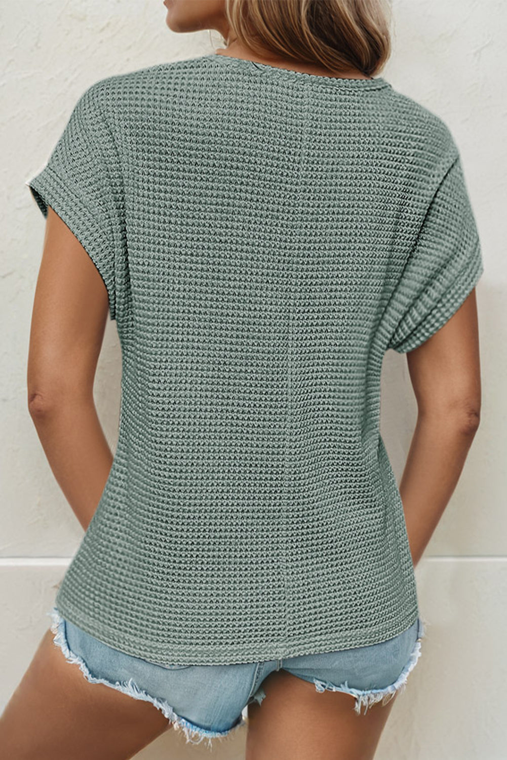 Mist Green Hollow Patchwork Waffle Knit Top - Kustom Kreations Goods
