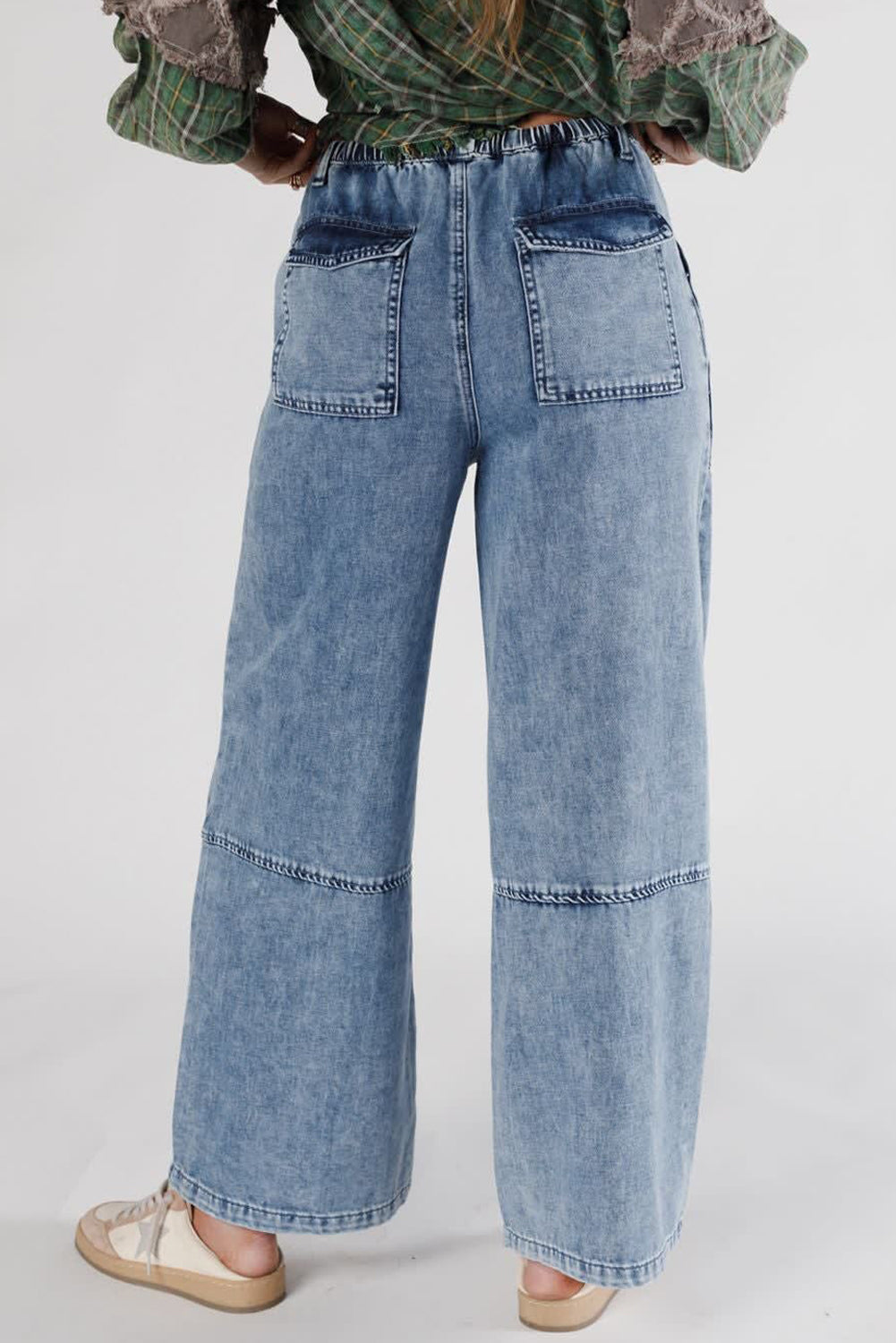 Ashleigh Blue Acid Wash Exposed Seam Drawstring High Waist Jeans - Kustom Kreations Goods