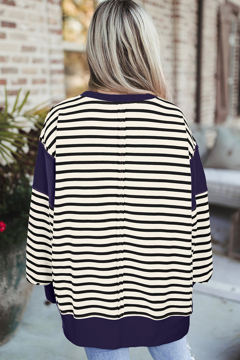 White Stripe Patchwork Exposed Seam Loose Fit Sweatshirt