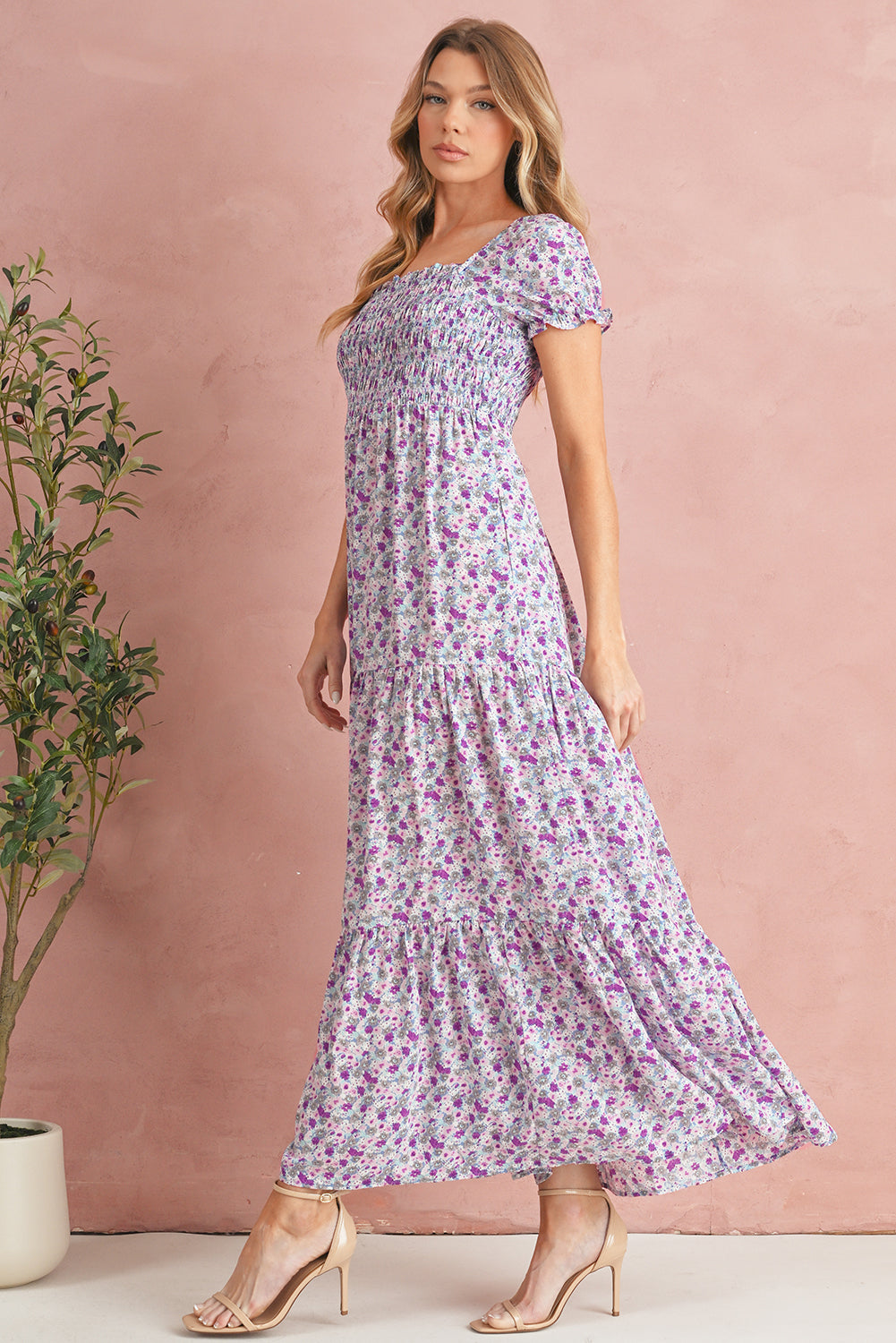 Purple Floral Short Bubble Sleeve Smocked High Waist Maxi Dress