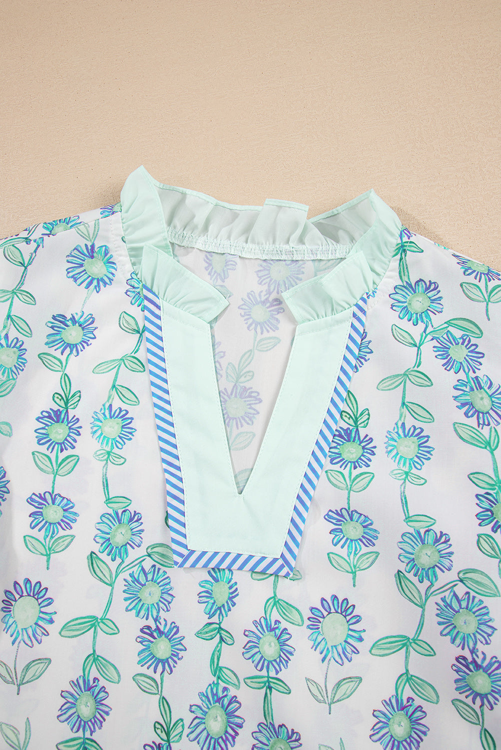 Green Floral Print Striped Trim Contrast V Neck Patchwork Boho Blouse - Kustom Kreations Goods