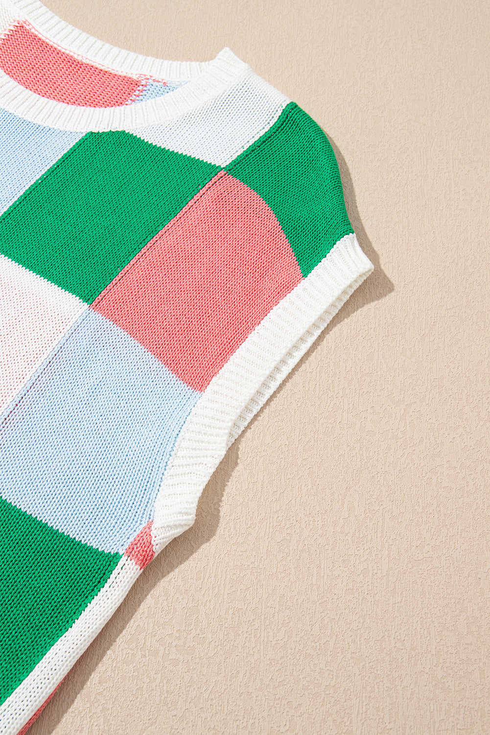 Dark Green Checkered Color Block Cap Sleeve Knitted Top