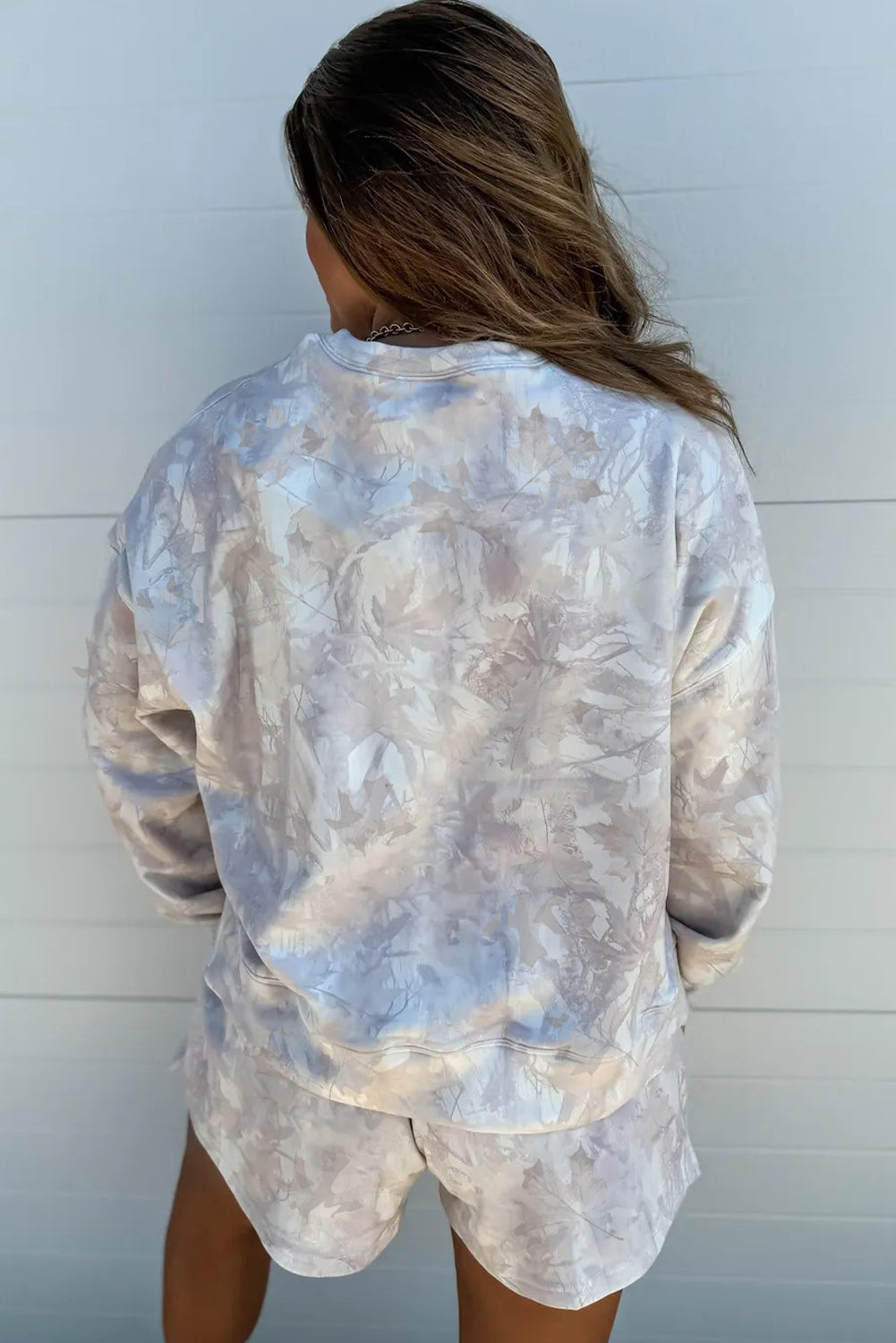 Beige Abstract Maple Leaf Print Long Sleeve Top Elastic Waist Shorts Set - Kustom Kreations Goods