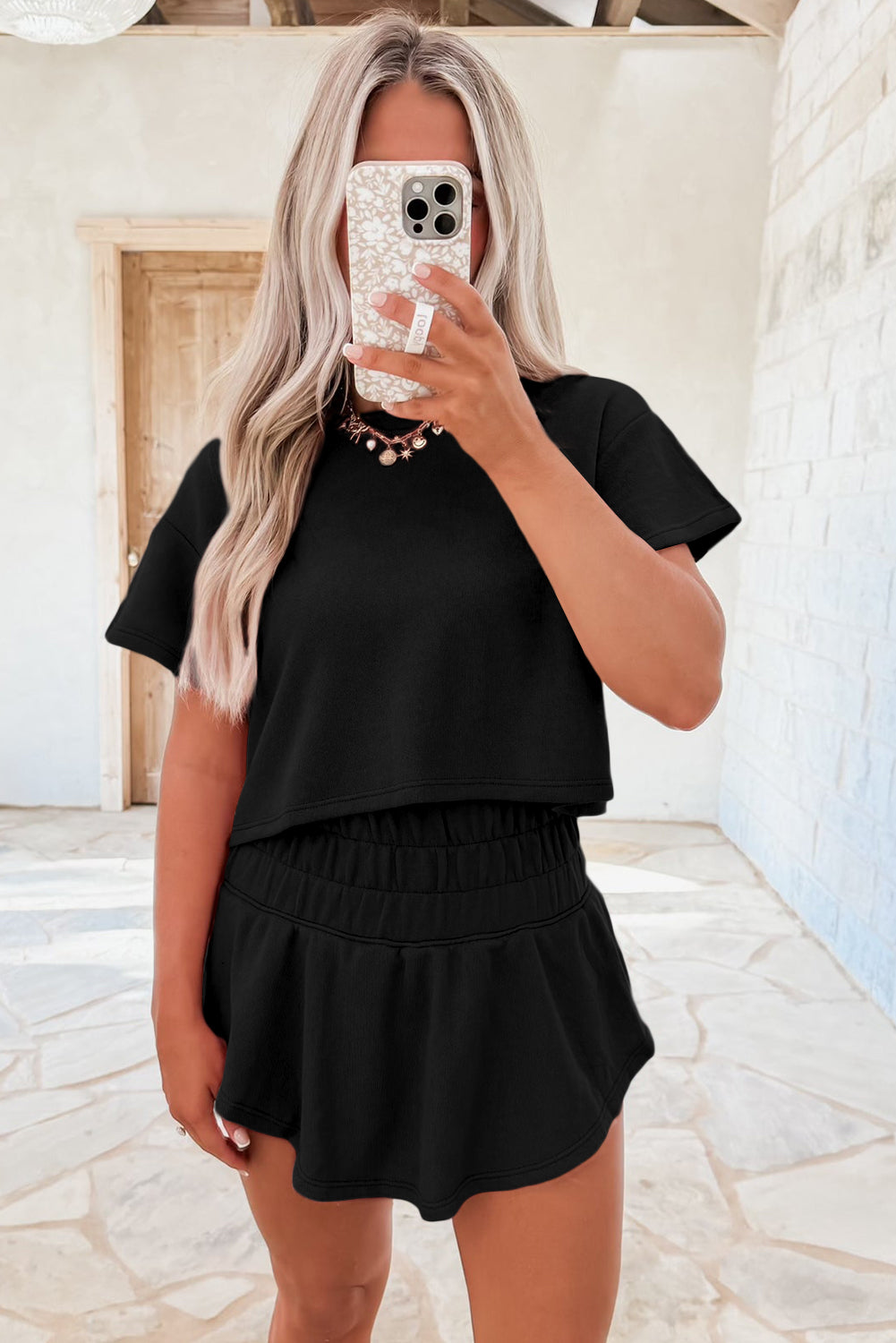Black Cropped Tee and Ruffle High Waist Skort Set - Kustom Kreations Goods