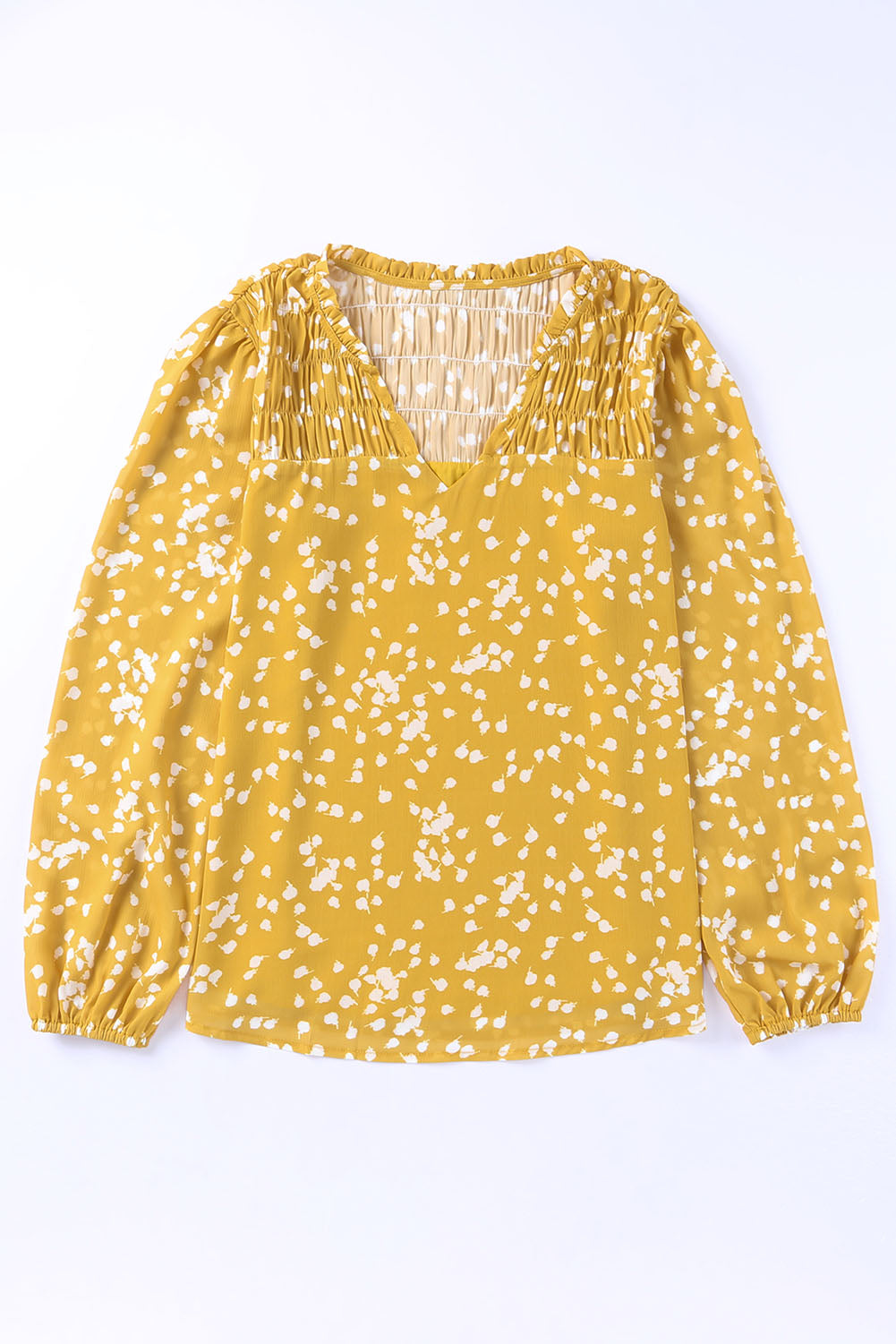 Yellow Frill Split V Neck Boho Crinkled Blouse