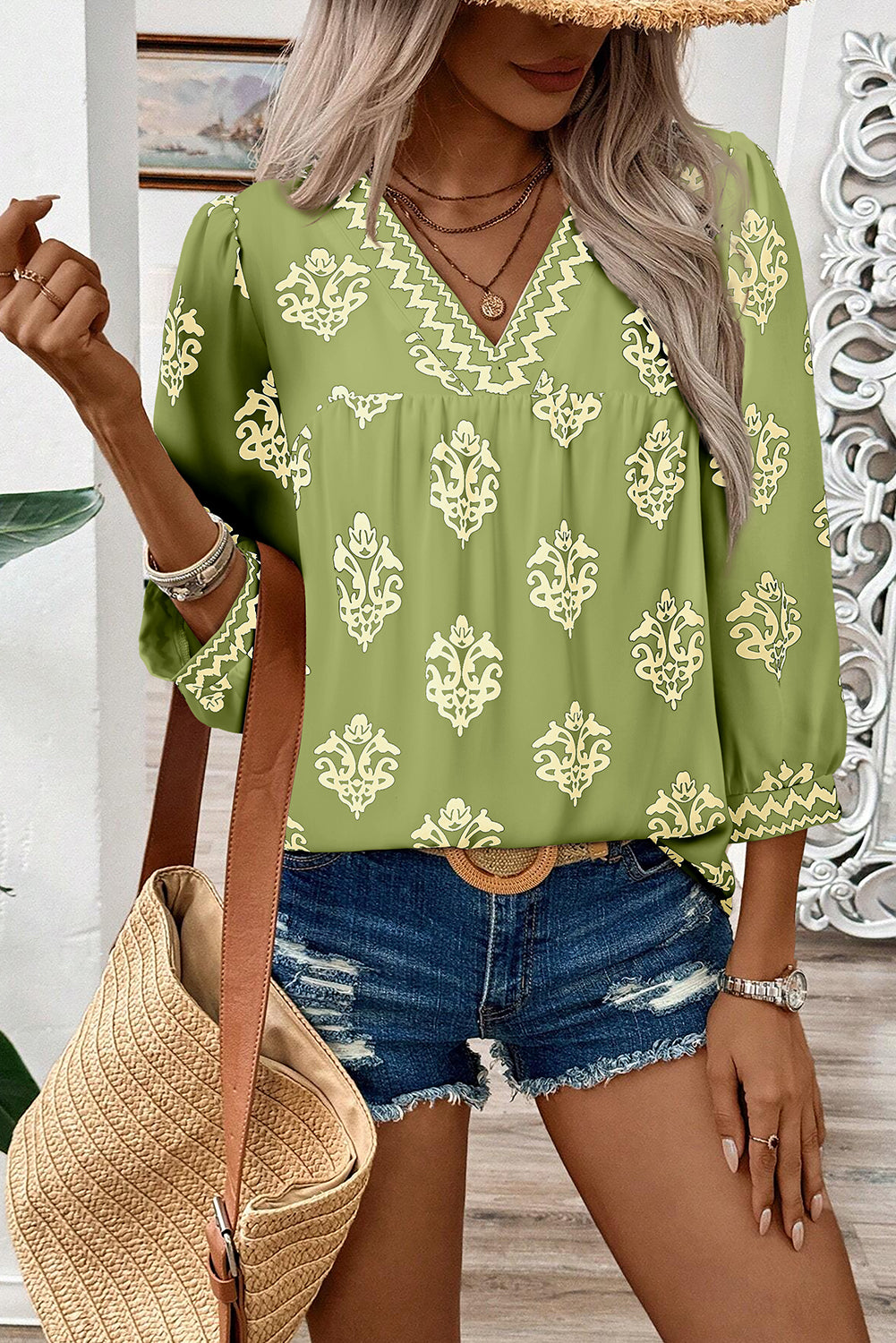 Green Damask Floral Print Contrast V Neck 3/4 Sleeve Blouse - Kustom Kreations Goods