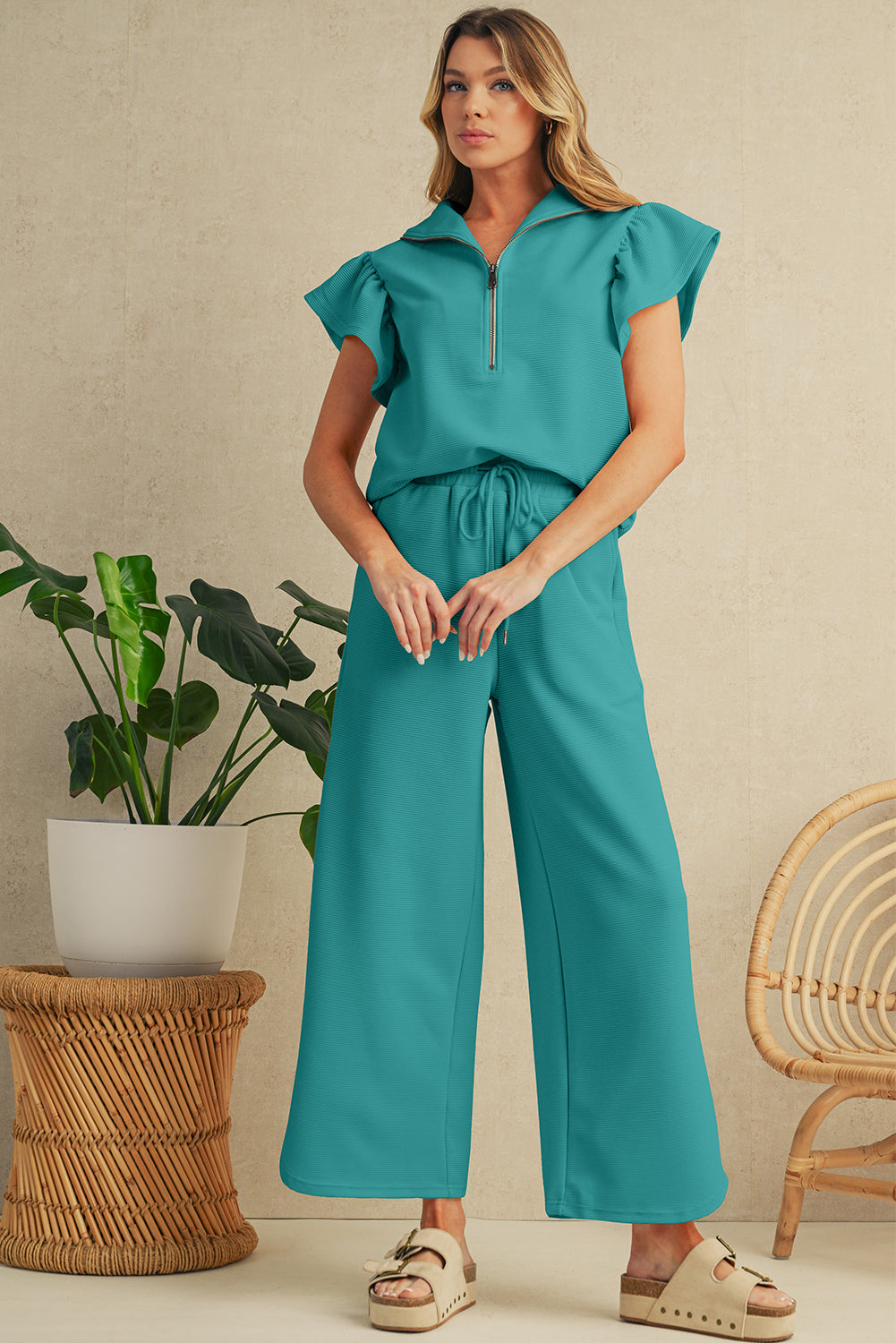 Black Textured Ruffle Sleeve Zipped Top and Wide Leg Pants Set - Kustom Kreations Goods