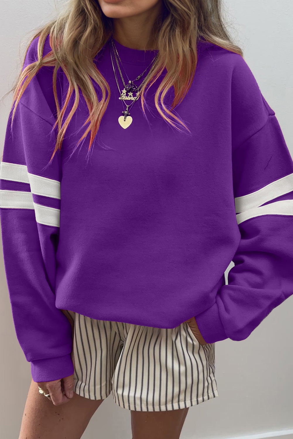 Fiery Red Preppy Striped Sleeve Loose Sweatshirt - Kustom Kreations Goods