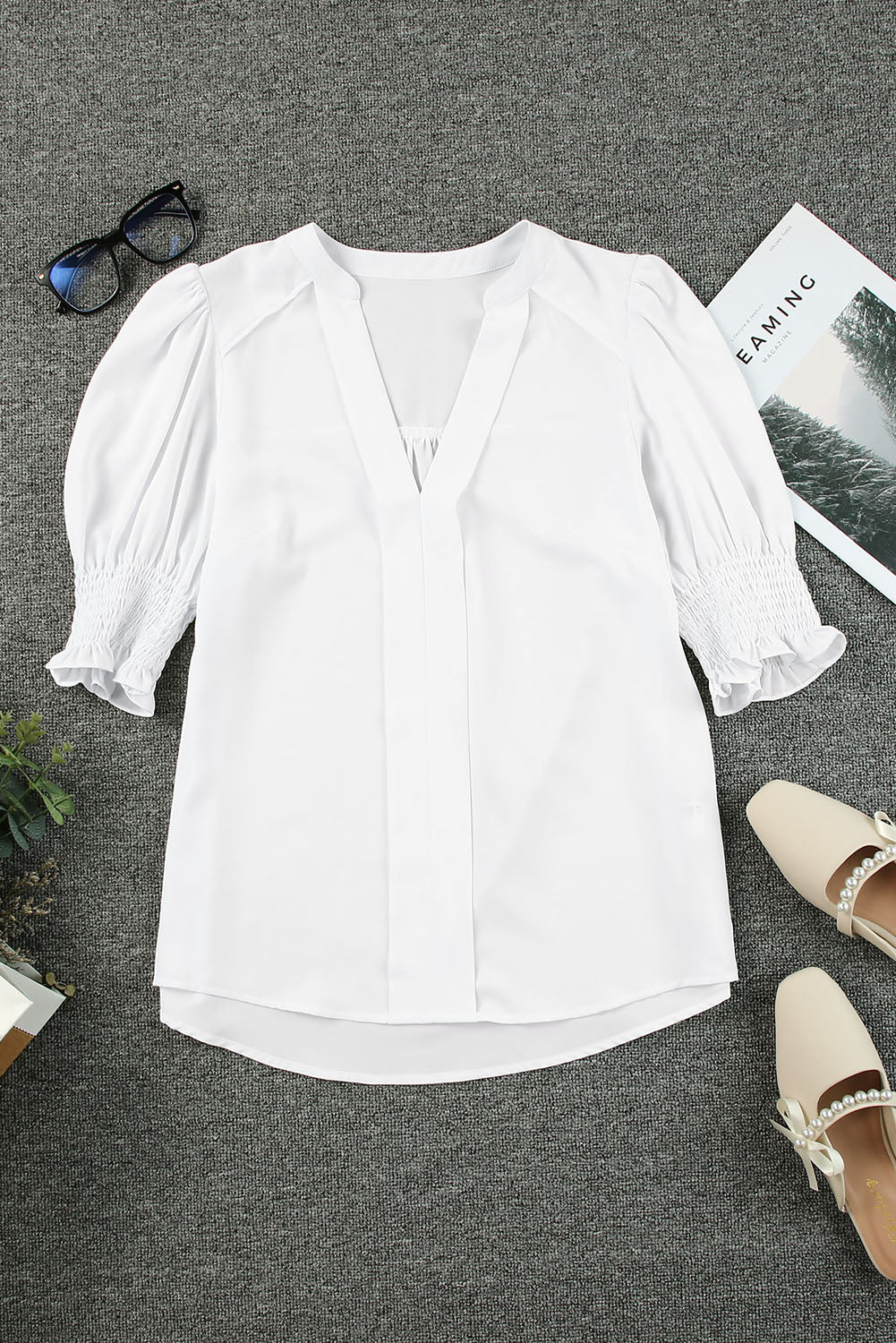 Apricot Solid Puffed Sleeve Shirred V Neck Blouse