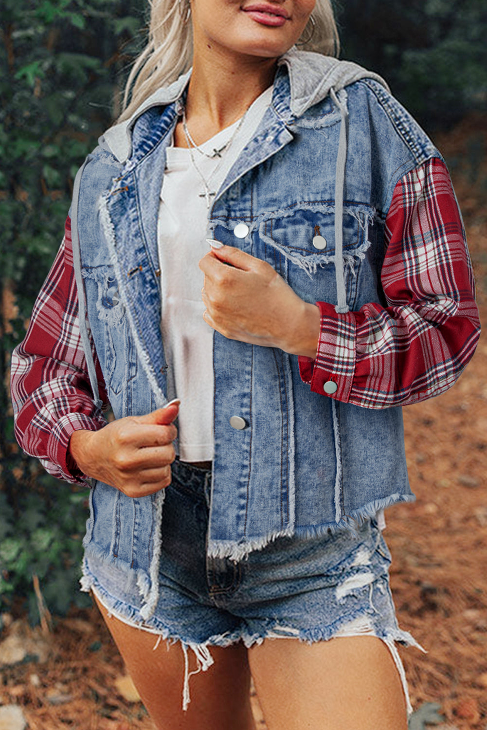 Beau Blue Plaid Print Patchwork Hooded Raw Hem Denim Jacket - Kustom Kreations Goods