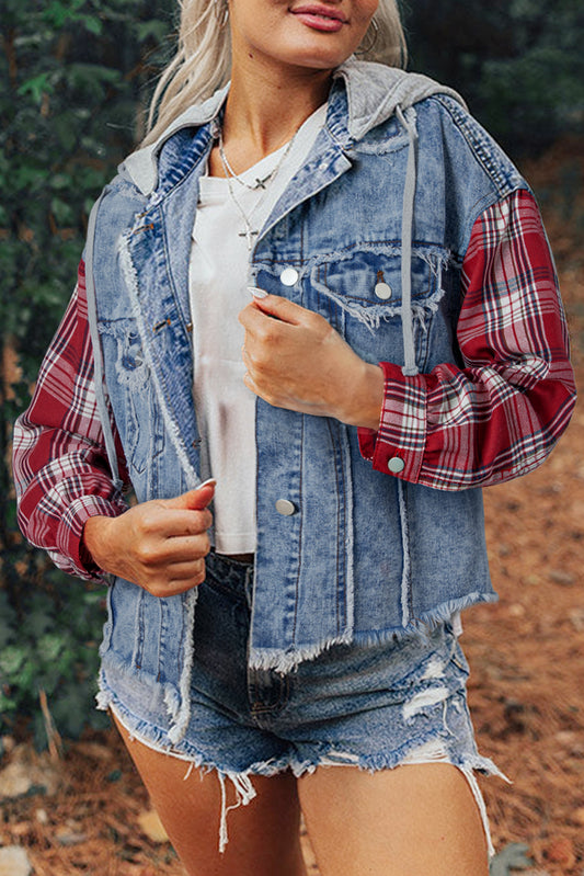 Beau Blue Plaid Print Patchwork Hooded Raw Hem Denim Jacket - Kustom Kreations Goods