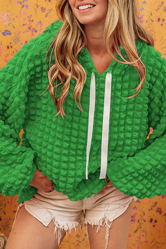 Green Waffle Textured Drawstring Pullover Hoodie