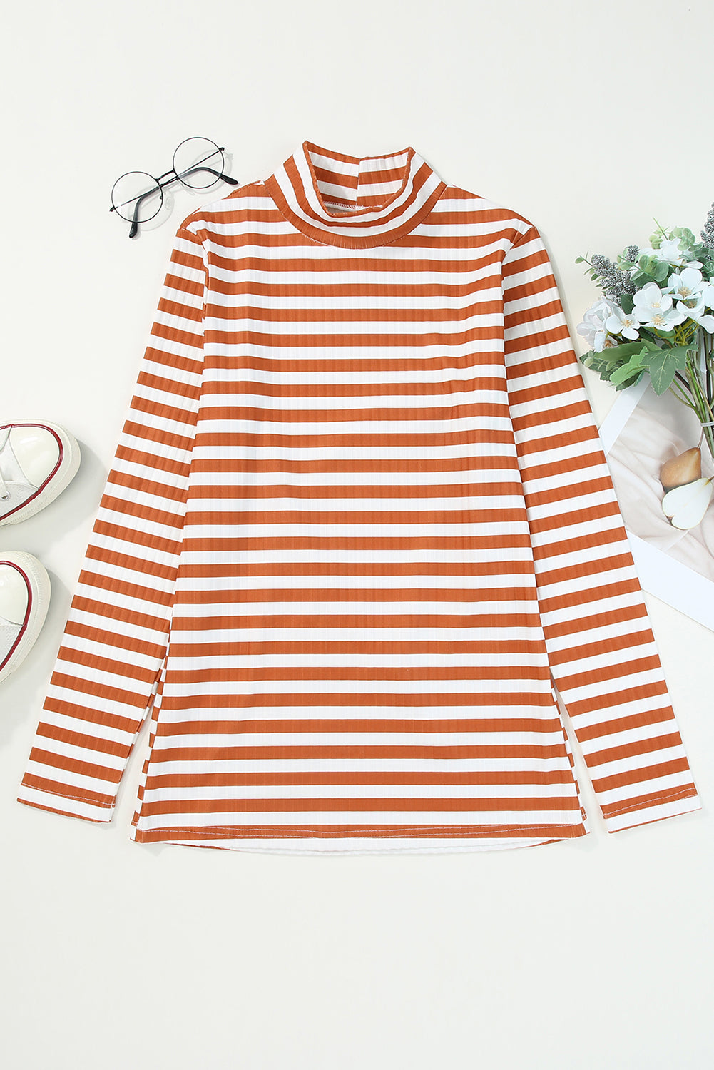 Stripes Print Ribbed Knit Long Sleeve Casual Mock Neck Top