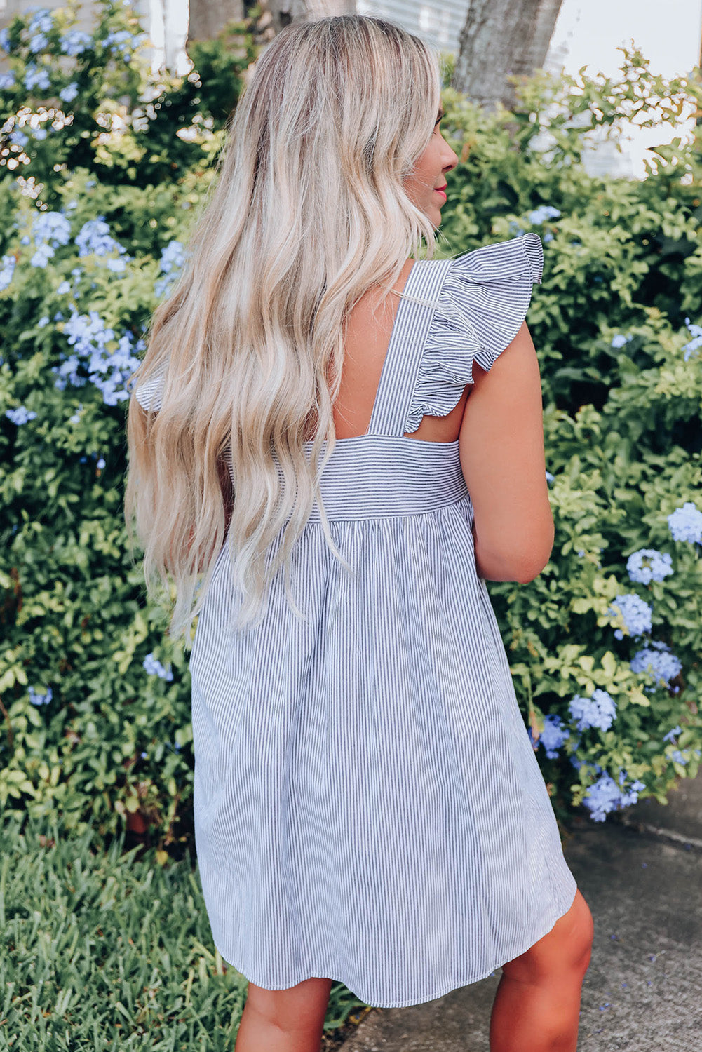 Sky Blue Striped Floral Embroidered Ruffled Sleeveless Short Dress