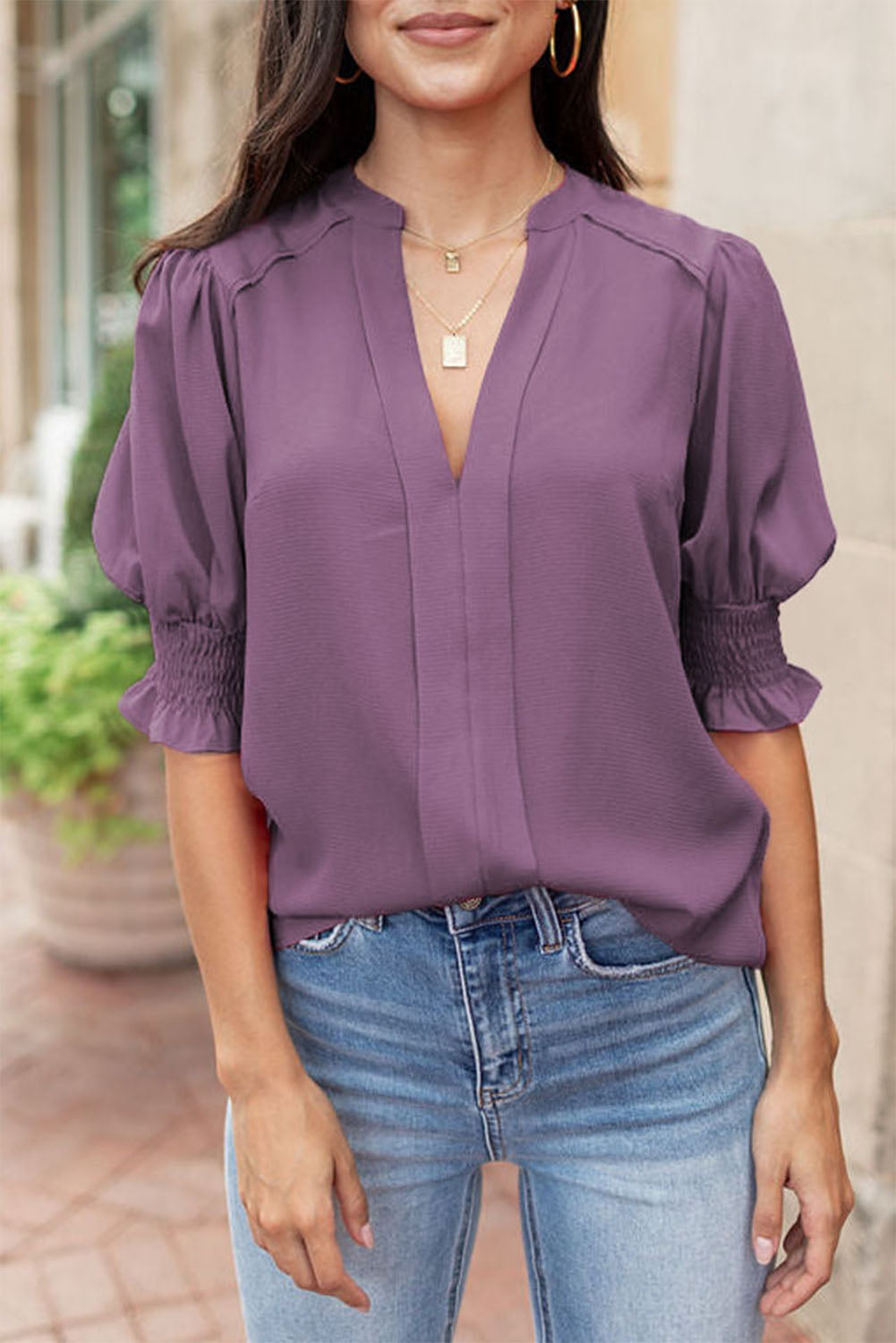 Apricot Solid Puffed Sleeve Shirred V Neck Blouse