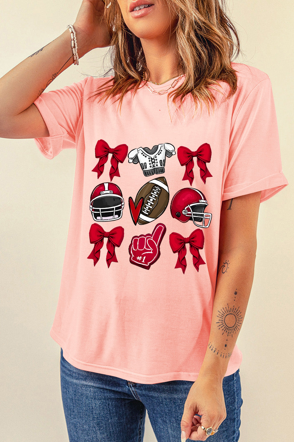 Pink Rugby Cheer Helmet Bow Graphic Tee