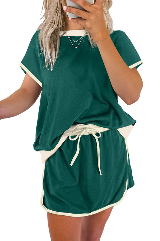 Evergreen Colorblock Edge Drop Shoulder T Shirt and Skort 2Pcs Set - Kustom Kreations Goods