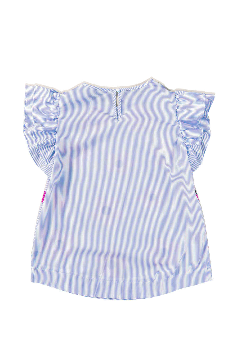 Sky Blue Stripe Floral Print Ruffled Flutter Sleeve Blouse