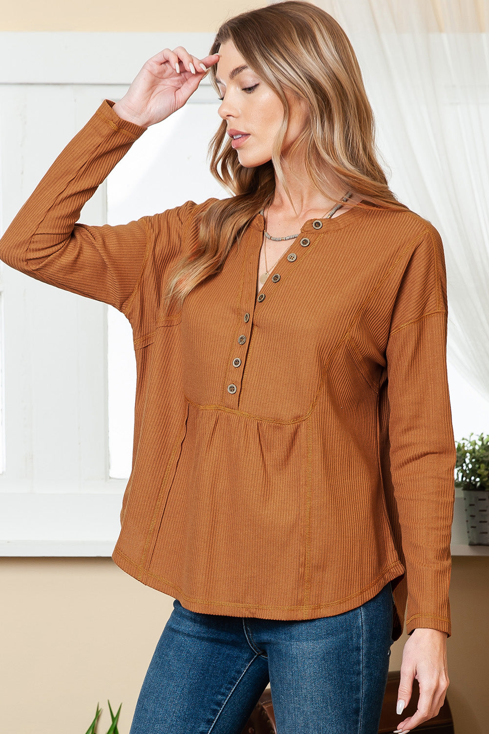 Brown Waffle Knit Casual Button Henley Top