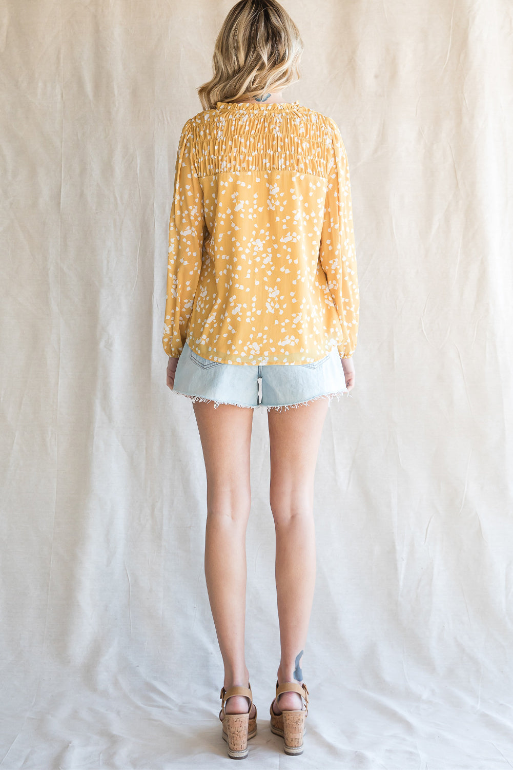 Yellow Frill Split V Neck Boho Crinkled Blouse