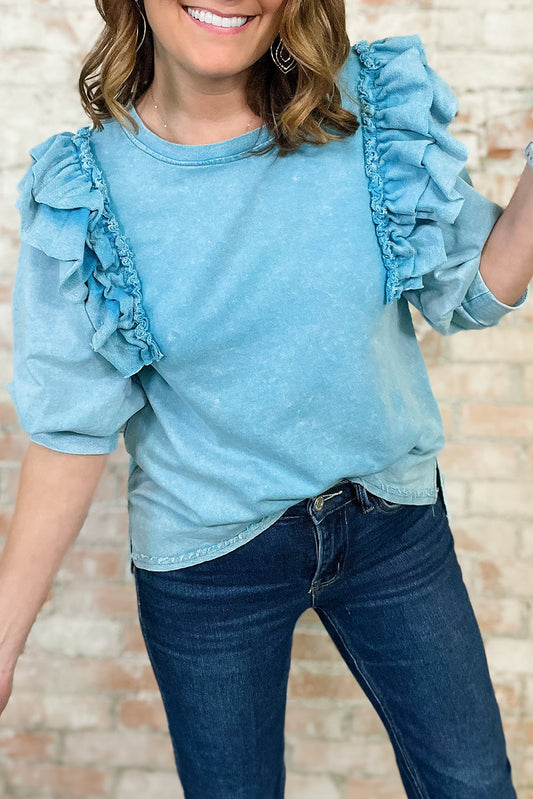 Light Blue Frill Detail Puff Sleeve Plain Blouse