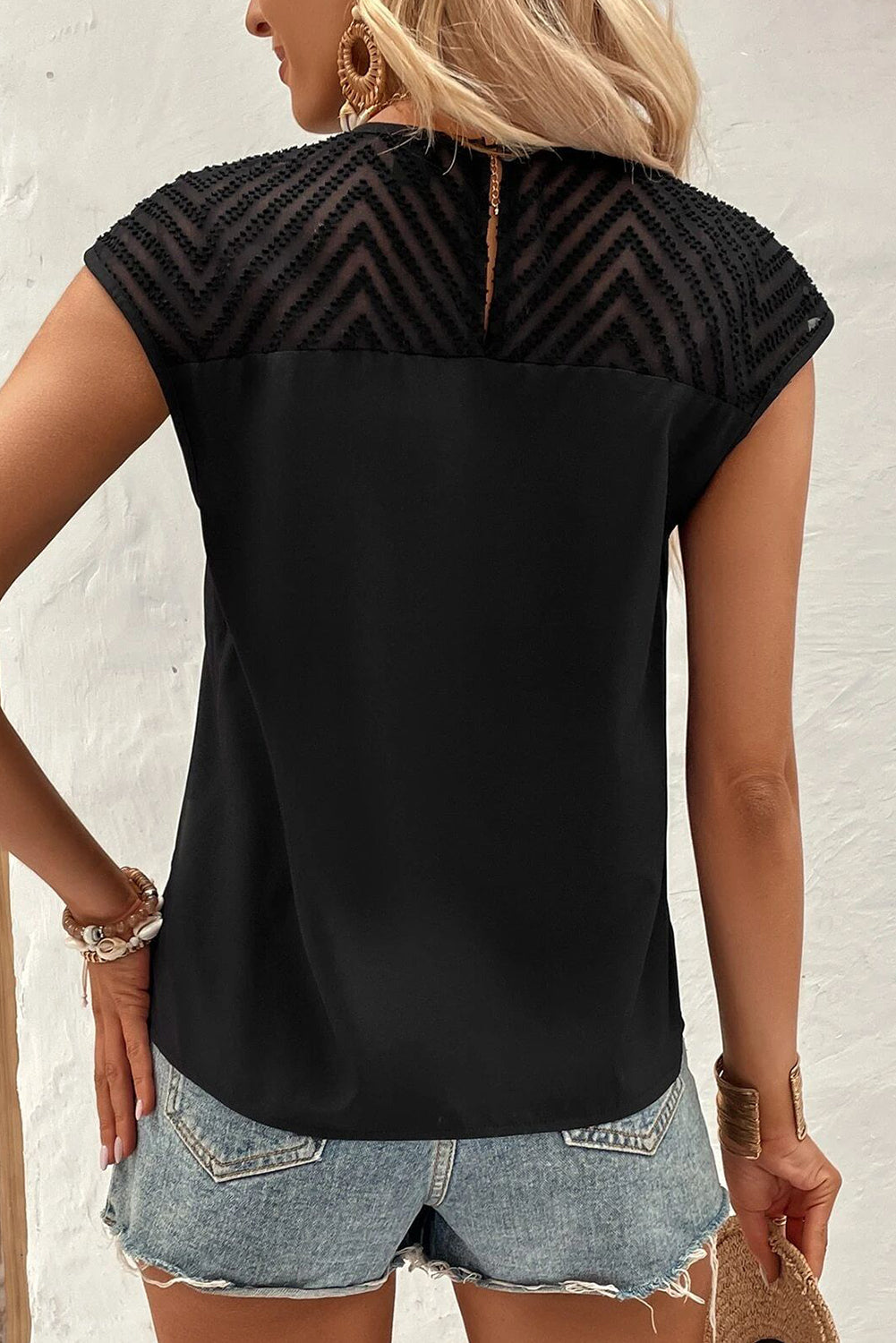Black Textured Splicing Plain Cap Sleeve Top