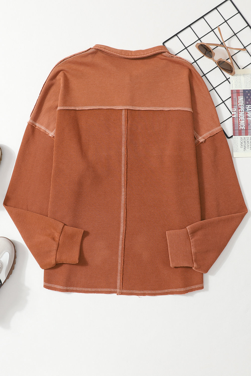 Laurel Green Waffle Exposed Seam Washed Henley Sweatshirt