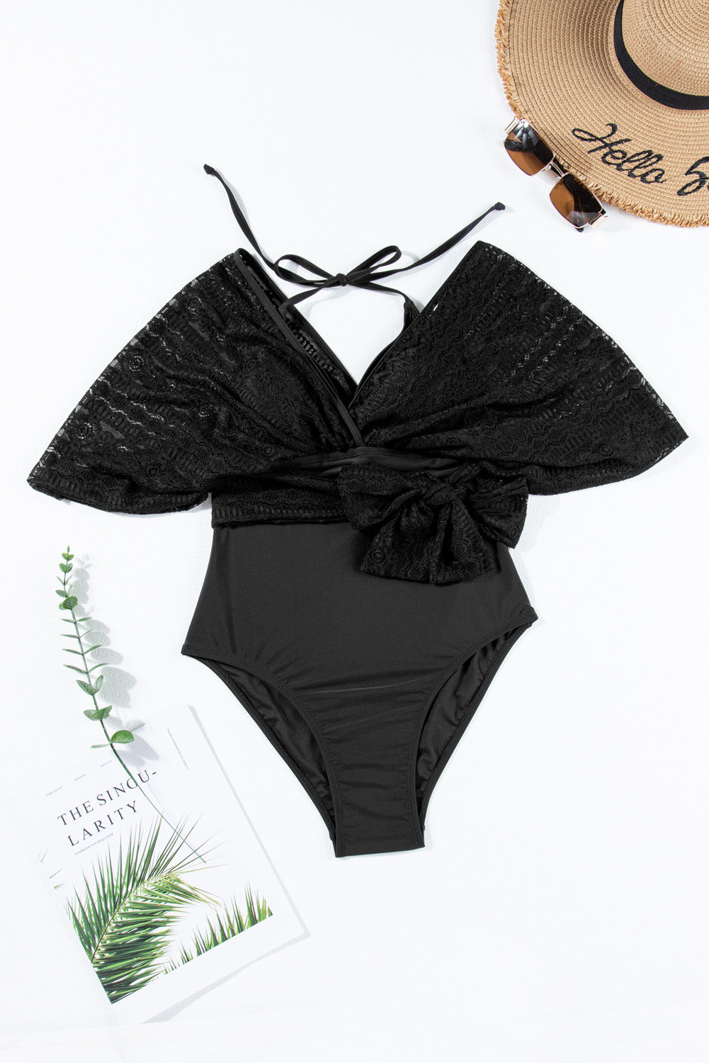 Black Lace Patchwork Short Sleeve V Neck One Piece Swimsuit