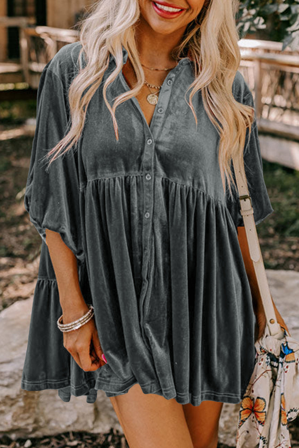 Dark Grey Lantern Sleeve Tunic Babydoll Velvet Shirt