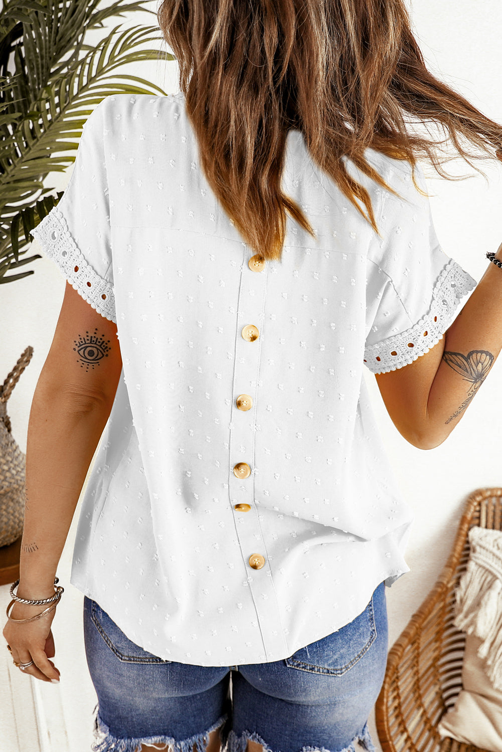 Apricot Swiss Dot Crochet Eyelet Back Button Detail Blouse